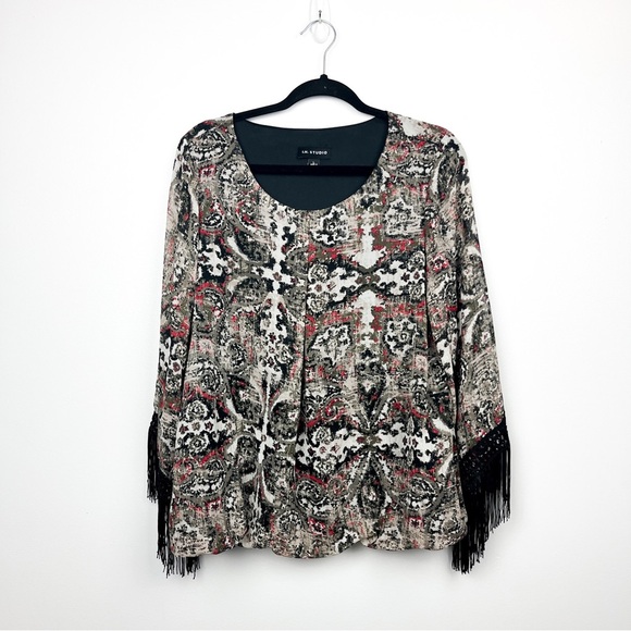 I.N. Studio Long Sleeve Gray Red Patterned Blouse with Fringe Cuffs - Picture 1 of 8